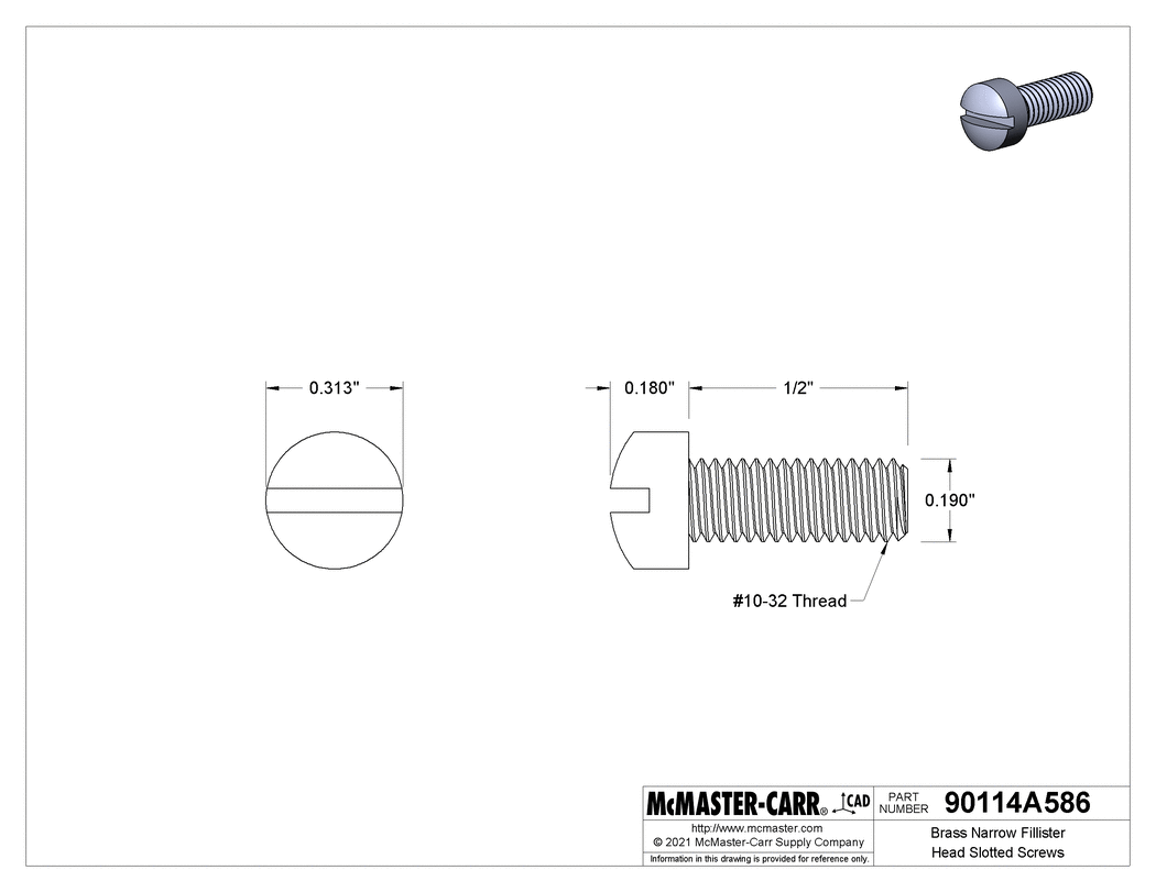 Technical Drawing of Brass Narrow Fillister Head Slotted Screws, High-Profile, 10-32 Thread, 1/2" Long.